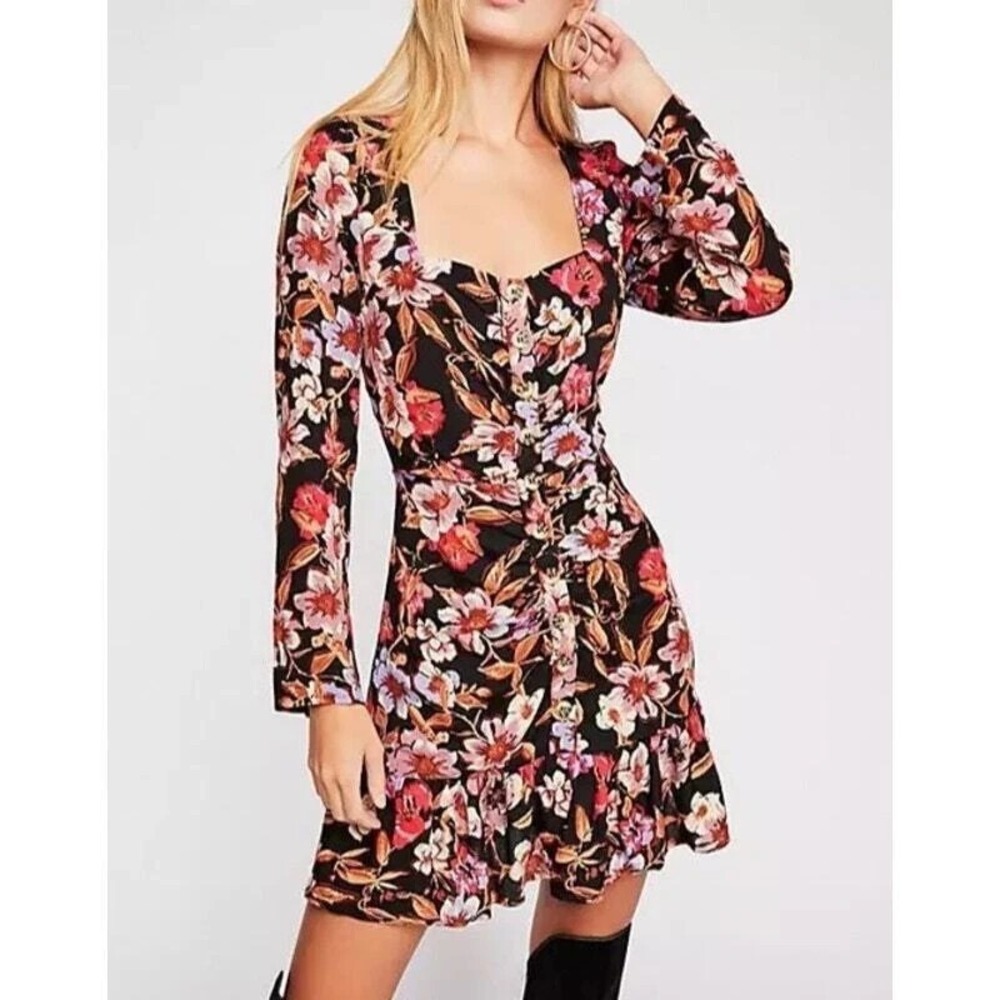 Free People Women's Multicolor Forever Boho Floral Ruffled Hem Mini Dress Sz XS